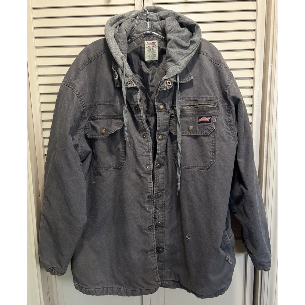 Dickies Jacket Mens 2XL Gray Hood Denim Quilted Lined Workwear Warm Snap